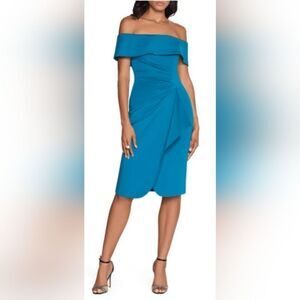 Xscape Off the Shoulder Ruched Scuba Crepe Cocktail Dress NWOT sz 6 Teal Blue
